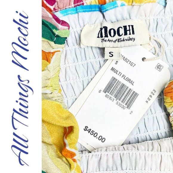 NWT ALL THINGS MOCHI Marianna Silk Smocked Bold Floral Ruffle Mini Dress, Small - Picture 5 of 9